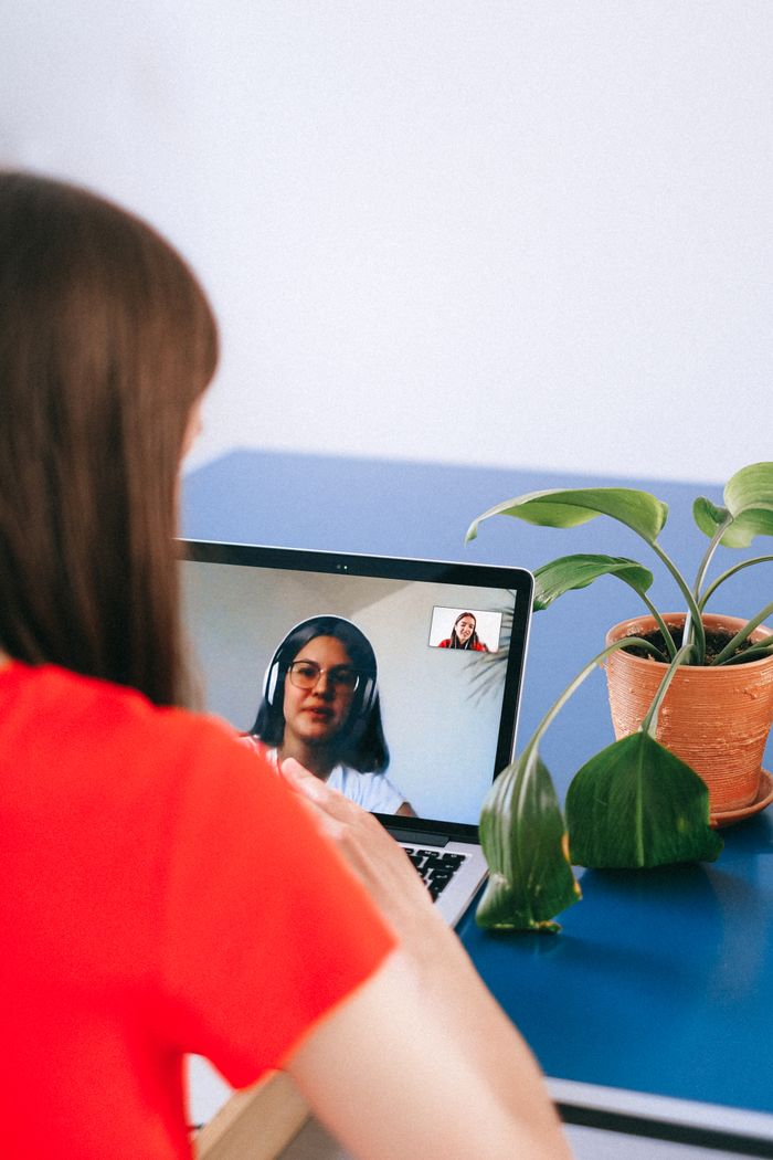 Features Woman in red shirt video chatting on laptop with plant nearby at home.